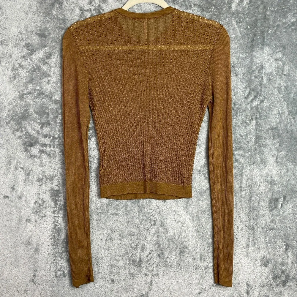 Free People H2O Sheer Knit Crew Pullover Top Size Medium Brown Yellow Long Sleev
